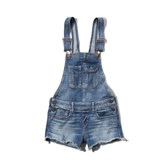 Abercrombie & Fitch Overalls Shorts ShortAlls Raw Hem Y2K Classic Blue Wash sz S - Picture 3 of 16